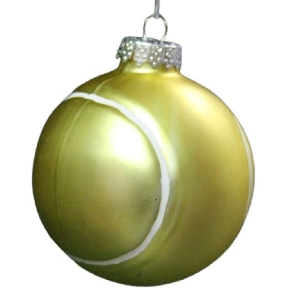 Tennis Ball Glass Christmas Ornament Gold Boxed